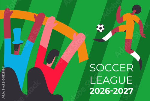 Bild auf Leinwand Soccer league poster with cheering fans and football player, modern sports illustration for championship event and stadium atmosphere