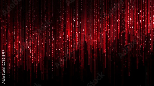 A dark background with vibrant red digital code streaming down in a mesmerizing display of technology and data