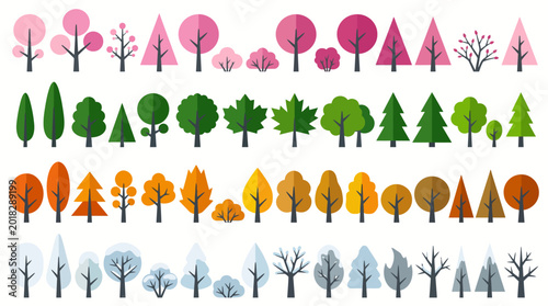 Collection of Minimalist Flat Trees for All Seasons Vector Illustration