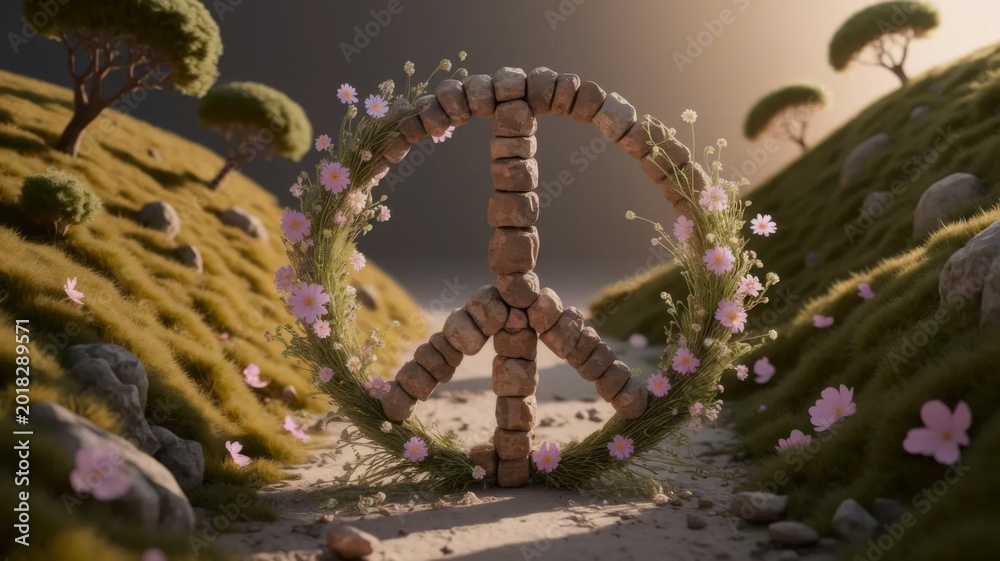 Fototapeta premium Stone Peace Symbol with Flowers in Nature at Sunset