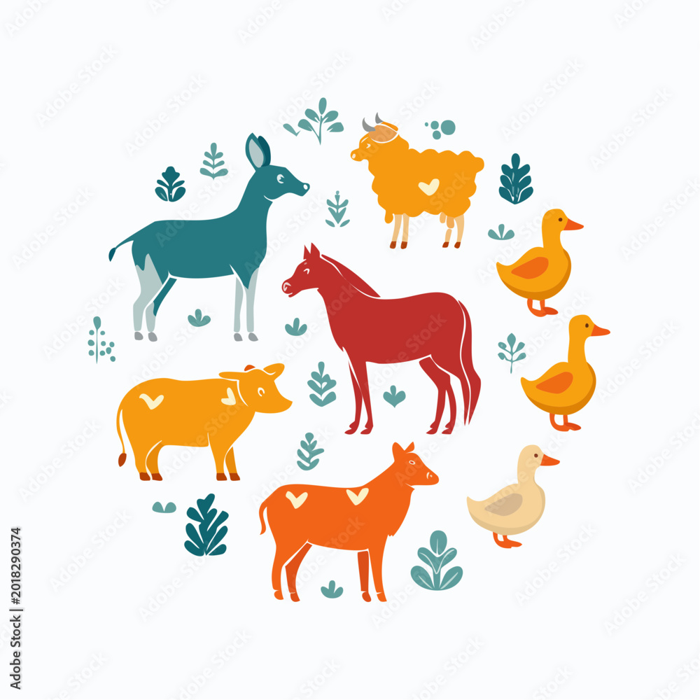 Fototapeta premium Farm Animals Circle Illustration