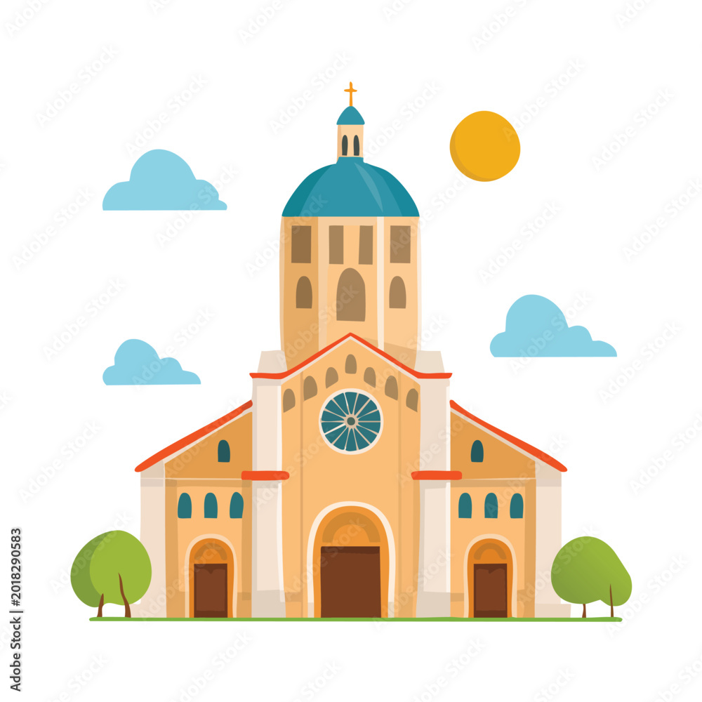 Fototapeta premium Cartoon church illustration with blue dome sun clouds and trees on white background