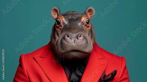Hippos wear red blazers against teal backdrop. Their eyes hold curiosity, not aggression. This portrait blends wild and stylish with bold contrast. Perfect for branding, fashion, or humor campaigns