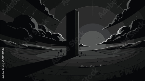 Tableau sur toile Minimalist landscape illustration featuring a large black monolith structure standing in a vast empty field under a night sky