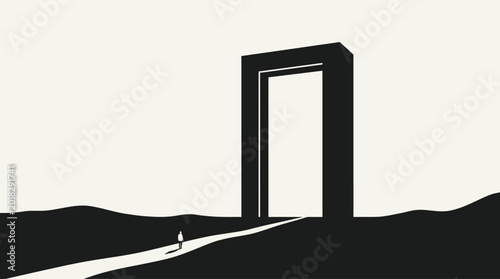 Foto Minimalist silhouette of person walking towards large rectangular monolith portal in desert landscape