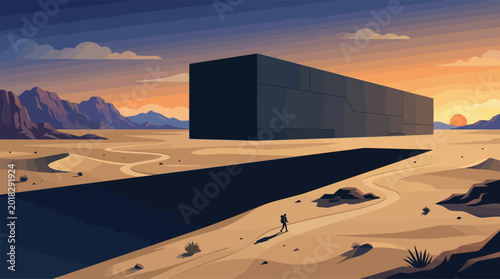 Photos Vast desert landscape with monolithic structure and lone traveler at sunset