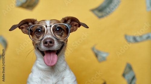 Adorable dog wears stylish glasses, tongue out. Yellow background shows falling dollar bills. Playful expression suggests joyful financial success. Perfect for business, humor
