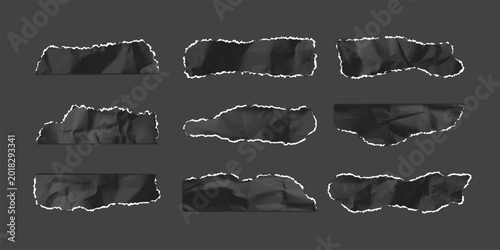 Black crumpled torn paper strips, torn sheet of page fragment, realistic wrinkled scrap with ripped edges vector set