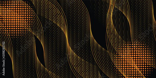 Bild auf Leinwand Abstract black background with elegant golden wave lines and glowing geometric accents
