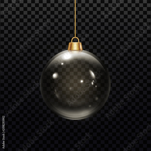 Christmas ball hanging on gold ribbon, vector realistic transparent 3D glass ball with glares, volume crystal decoration