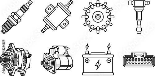 Bild auf Leinwand Comprehensive Automotive Electrical and Ignition System Icon Set Featuring Spark