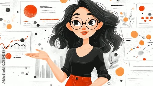 Young woman with glasses presenting data charts and graphs.