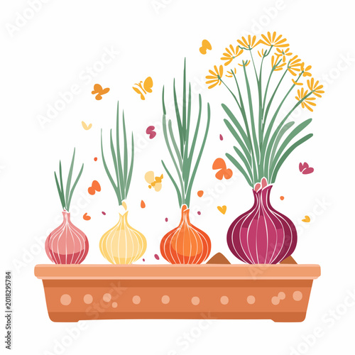 Sprouting Onions in a Planter with Butterflies