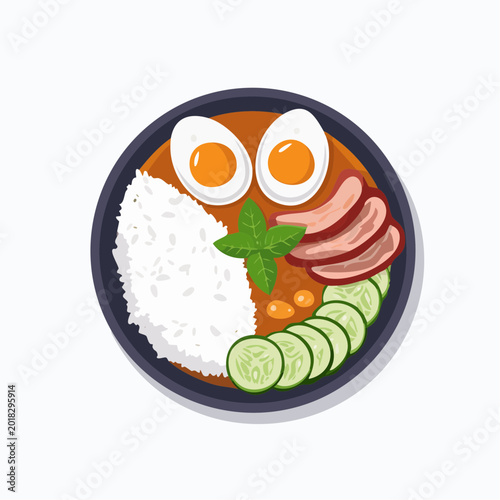 Top View of Rice Bowl with Sliced Pork, Boiled Eggs, and Cucumber