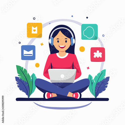 Woman with Headphones Working on Laptop Surrounded by App Icons
