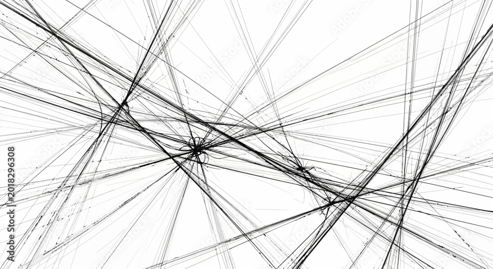 Fototapeta premium Abstract pattern of overlapping intersecting black lines on a white background, creating a sense of dynamic movement and complexity