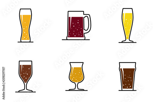 Various beer glasses illustrated resting on white background