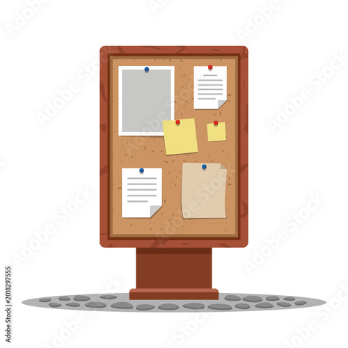 Notice board with pinned papers standing on pavement
