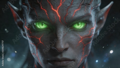 Closeup of a fantasy creature with glowing eyes