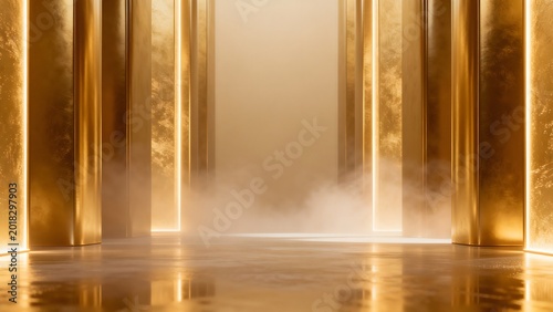 Golden pillars with glowing edges and mist