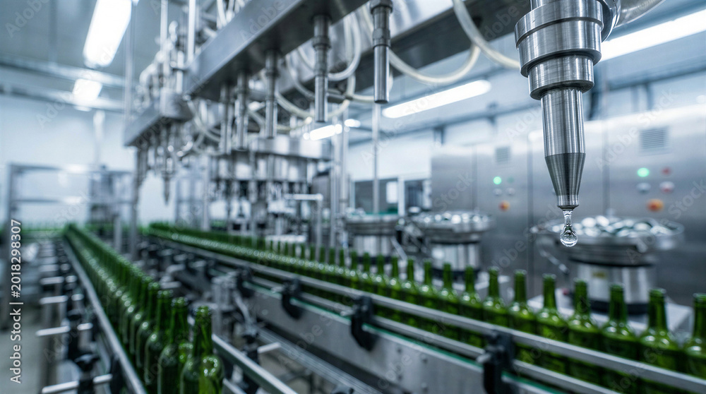 Fototapeta premium Automated bottling line with green glass bottles in beverage factory