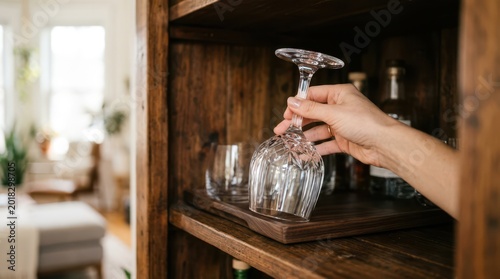 Housekeeping worker replenishing clean glassware in a hotel minibar, highlighting attention to small guest comforts and cleanliness.