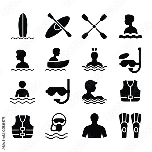 Photos Collection of water sports and aquatic activities icons featuring people