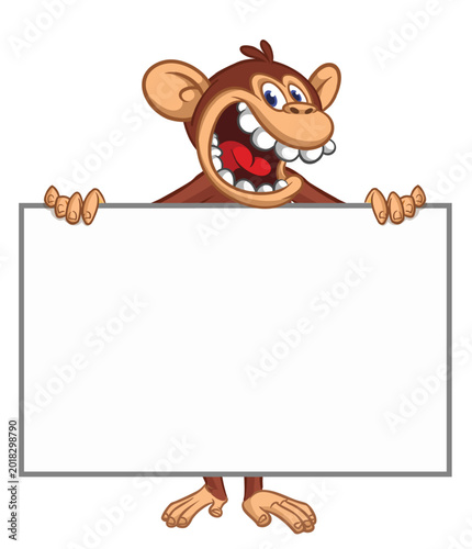 Photography Cartoon monkey chimpanzee holding blank empty white paper or placard for menu or greetings