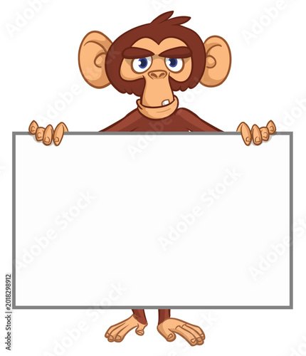 Photography Cartoon monkey chimpanzee holding blank empty white paper or placard for menu or greetings