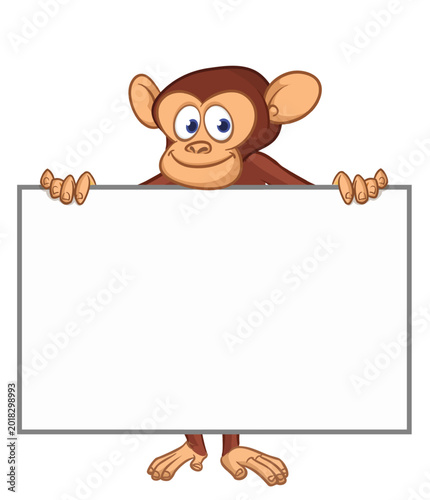 Photography Cartoon monkey chimpanzee holding blank empty white paper or placard for menu or greetings