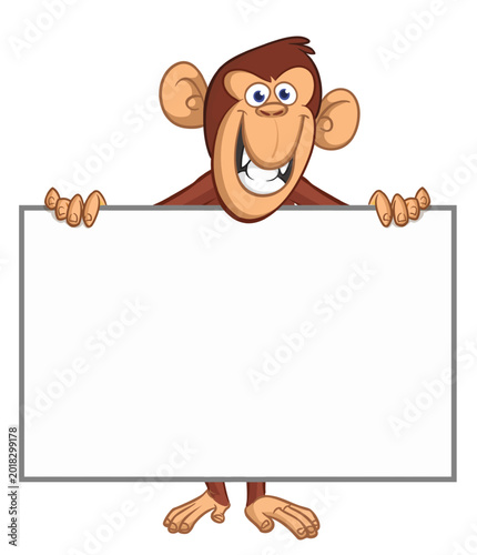 Photography Cartoon monkey chimpanzee holding blank empty white paper or placard for menu or greetings