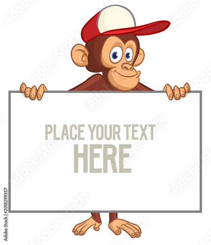 Photography Cartoon monkey chimpanzee holding blank empty white paper or placard for menu or greetings