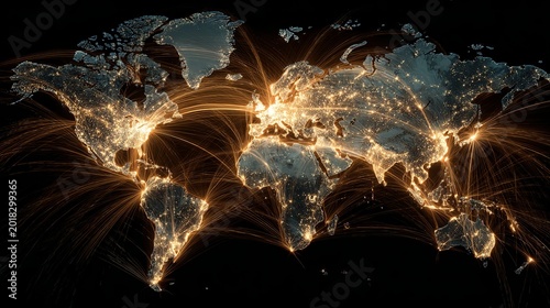 Global digital network connections glowing across the world map in this beautiful conceptual night light photograph