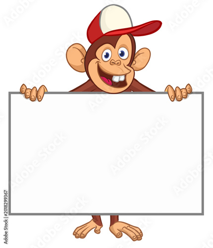 Canvas Print Cartoon monkey chimpanzee holding blank empty white paper or placard for menu or greetings