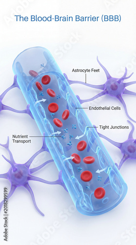 Medical blood brain barrier infographic showing endothelial cells tight junctions astrocyte support nutrient transport for neuroscience education pharmaceutical research poster on clean background