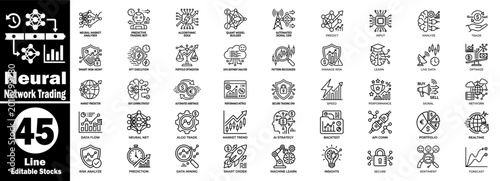 Fotografie Neural network trading line icon pack for algorithmic financial market software
