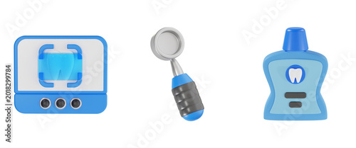 Dental diagnostic icons featuring X-ray tooth scan, dental mirror and mouthwash bottle