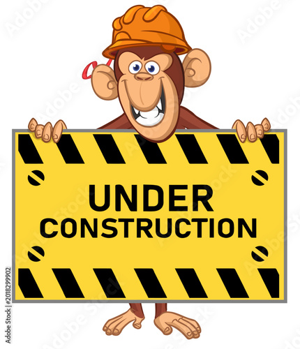 Photography Cartoon monkey chimpanzee holding  sign and helmet