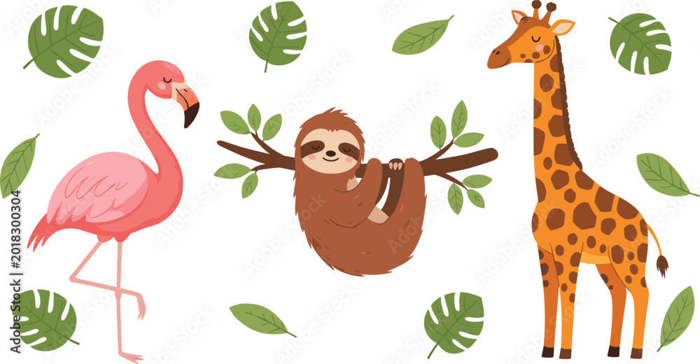 Obraz premium Cute Tropical Animal Illustration Collection Featuring Flamingo, Sloth, and Giraffe with Jungle Leaves for Nursery, Safari, Kids Decoration, and Digital Design Projects.