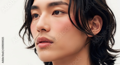 Close up portrait of a young asian man with long dark hair and subtle makeup