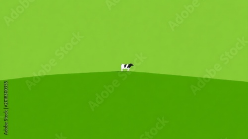 On a bright green hill, a single cow stands alone, capturing the essence of simplicity. The primitivism style enhances the scene, making it feel peaceful and serene as nature thrives