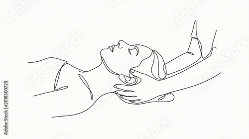 Woman receiving neck massage from therapist. Continuous one line drawing of relaxed patient during spa procedure. Wellness, stress relief and healthcare treatment concept in minimalist style.