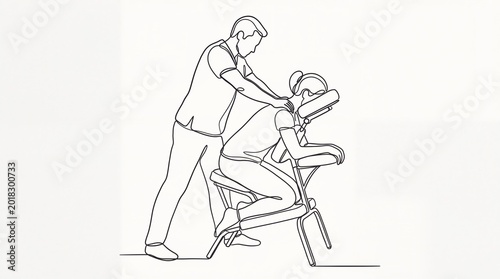 Massage therapist giving back treatment to woman sitting in chair. Continuous line drawing of spa therapy session. Health care, stress relief, wellness, relaxation and corporate body work.