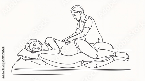 Therapist giving prenatal massage to pregnant woman lying on side with maternity pillow. Continuous line drawing of relaxation and healthcare support. Professional therapy during pregnancy.