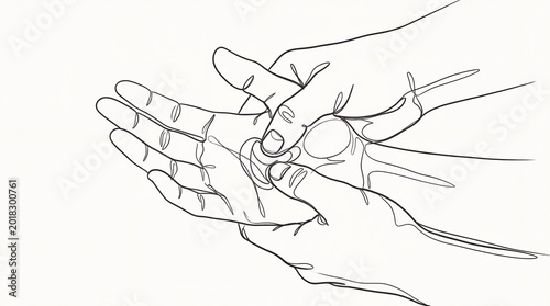 Hand massage of palm in continuous line drawing style. Therapeutic manual therapy and stress relief technique. Health care and wellness concept for relaxation and pain treatment.