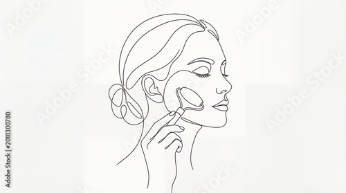 Woman using jade facial roller for skin massage. One line drawing of girl performing beauty routine. Minimalist illustration of skincare, self care, wellness and anti aging concept.