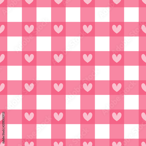 Foto Soft Rose Pink Gingham Pattern with Hearts, Delicate Pastel Checkered Wallpaper