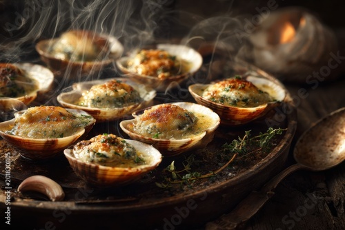 Baked clams with garlic butter, shellfish appetizer