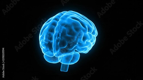 Rotating glowing blue human brain against black background showing the mind and neural network activity and thought