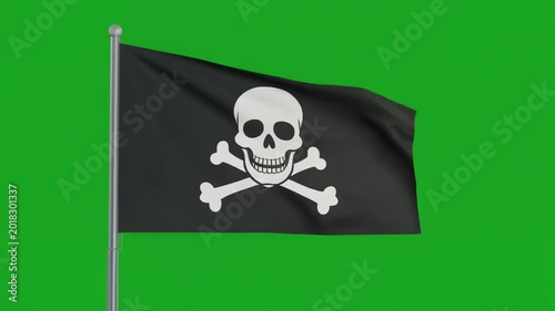 Realistic Pirate Flag Waving Naturally in Strong Wind on Green Screen Background Jolly Roger Skull and Crossbones for Adventure Film